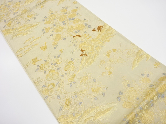 JAPANESE KIMONO / ANTIQUE FUKURO OBI / SILK / WOVEN FLOWER WITH BIRD & DEER